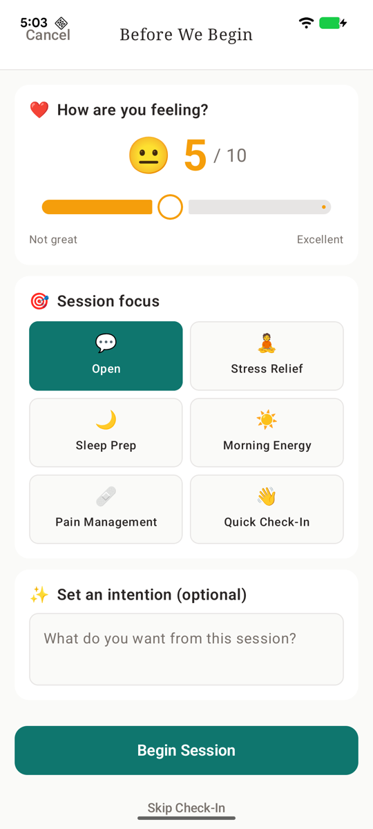 The pre-session “How are you feeling?” check-in
